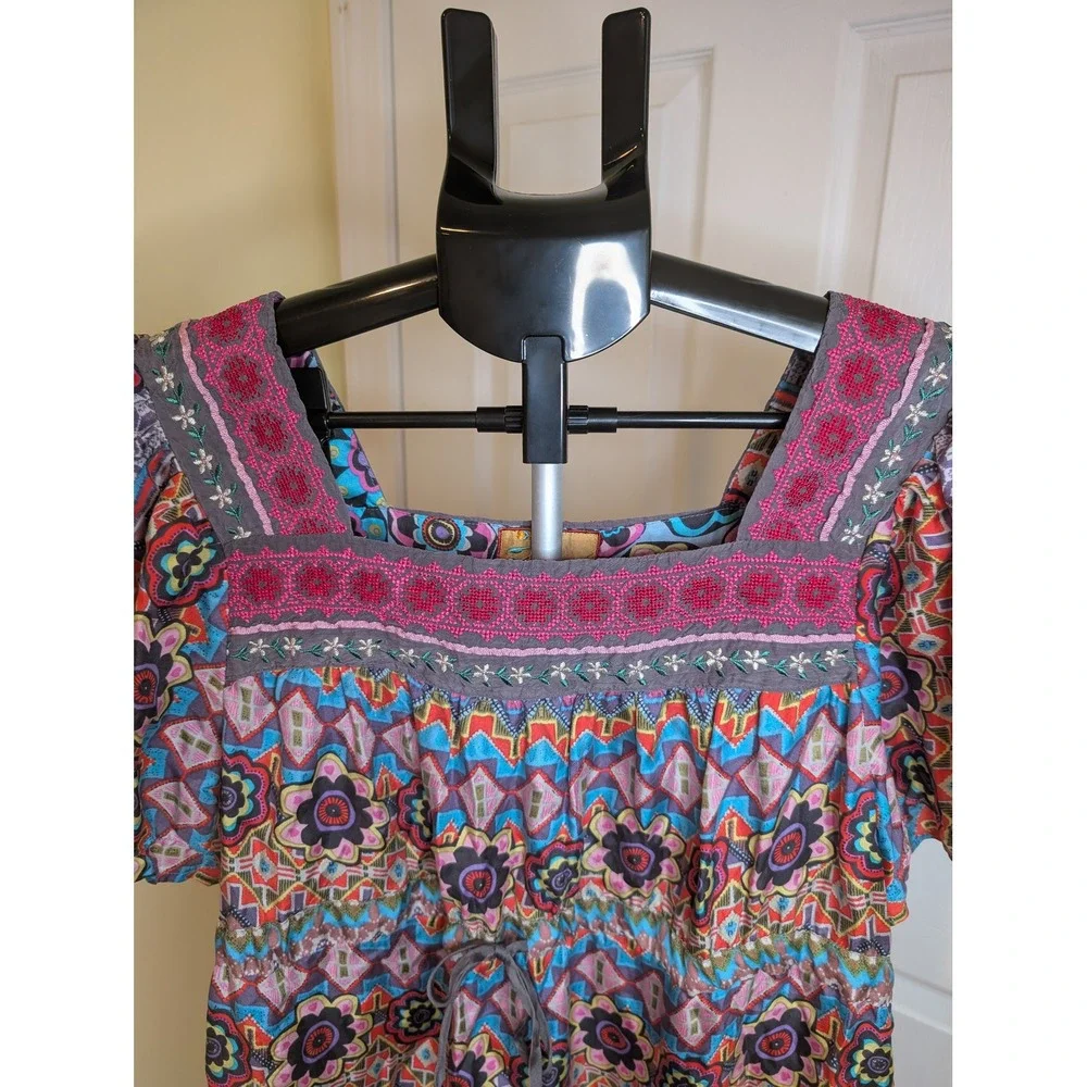 Johnny Was Silk‎ Blouse Boho Embroidered Peasant Short Sleeve - Size XS